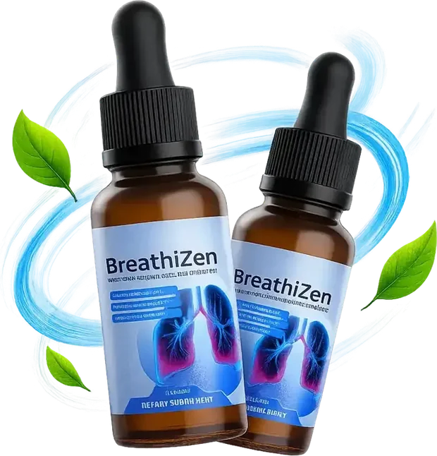 BreathiZen bottles with green leaves and a swirl of fresh air