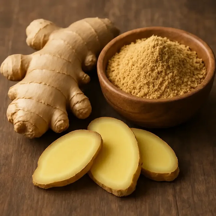 Whole ginger root, sliced ginger and a bowl of ground ginger on a wooden surface