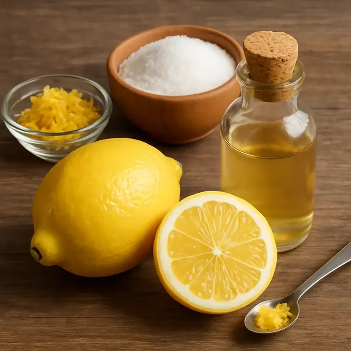 Two lemons, lemon zest and a small bottle of lemon extract on a wooden table