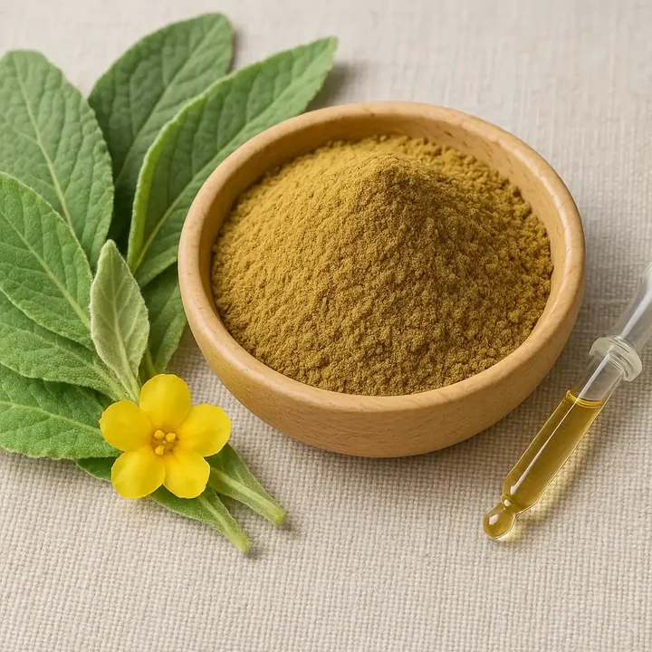 A wooden bowl of mullein powder next to green mullein leaves and a small yellow flower