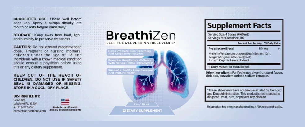 BreathiZen bottle label with suggested use and Supplement Facts