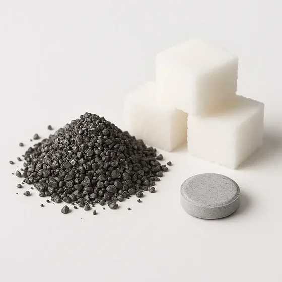 A tablet, sugar cubes and dark granules, the old way of taking supplements